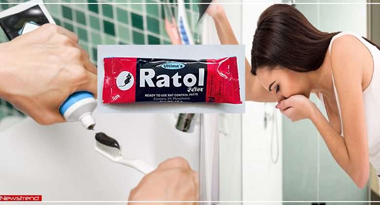 a girl brushes teeth with rat poison